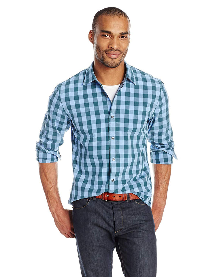Goodthreads Camisa de Popelina a Cuadros, Manga Larga, Ajustada, para Hombre