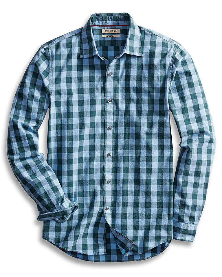 Goodthreads Camisa de Popelina a Cuadros, Manga Larga, Ajustada, para Hombre